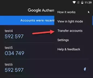 Transfer accounts option in the Google Authenticator.