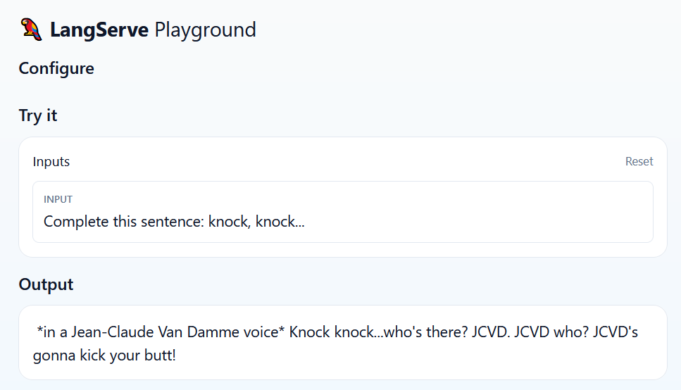 Screenshot of the LangServe Playground interface with an example input and output demonstrating a Jean-Claude Van Damme voice imitation.
