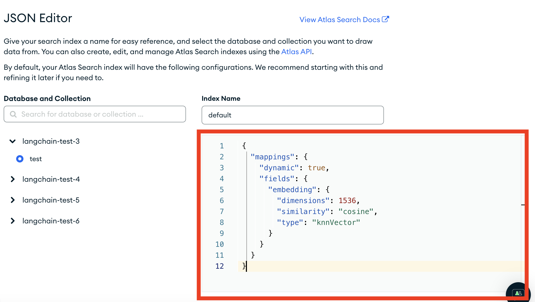 Screenshot of the JSON configuration for a search index in MongoDB Atlas.