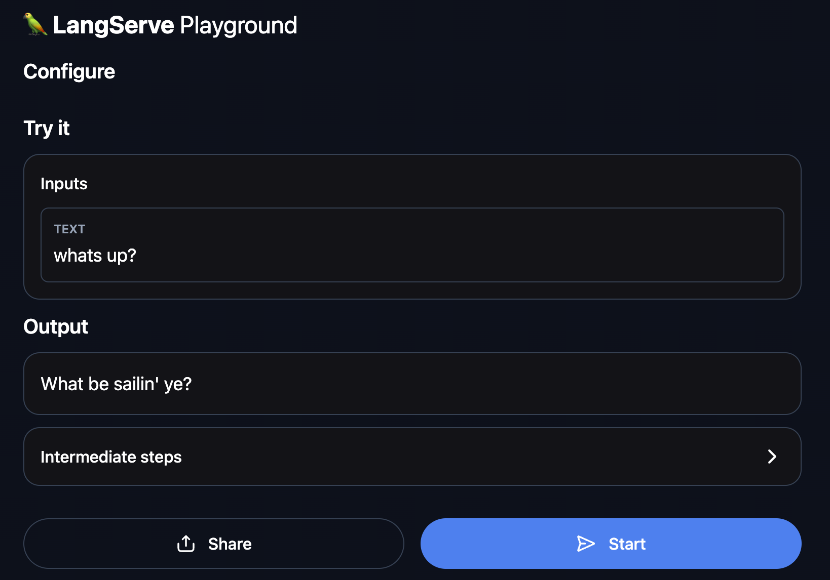 Screenshot of the LangServe Playground interface with input and output fields demonstrating pirate speak conversion.