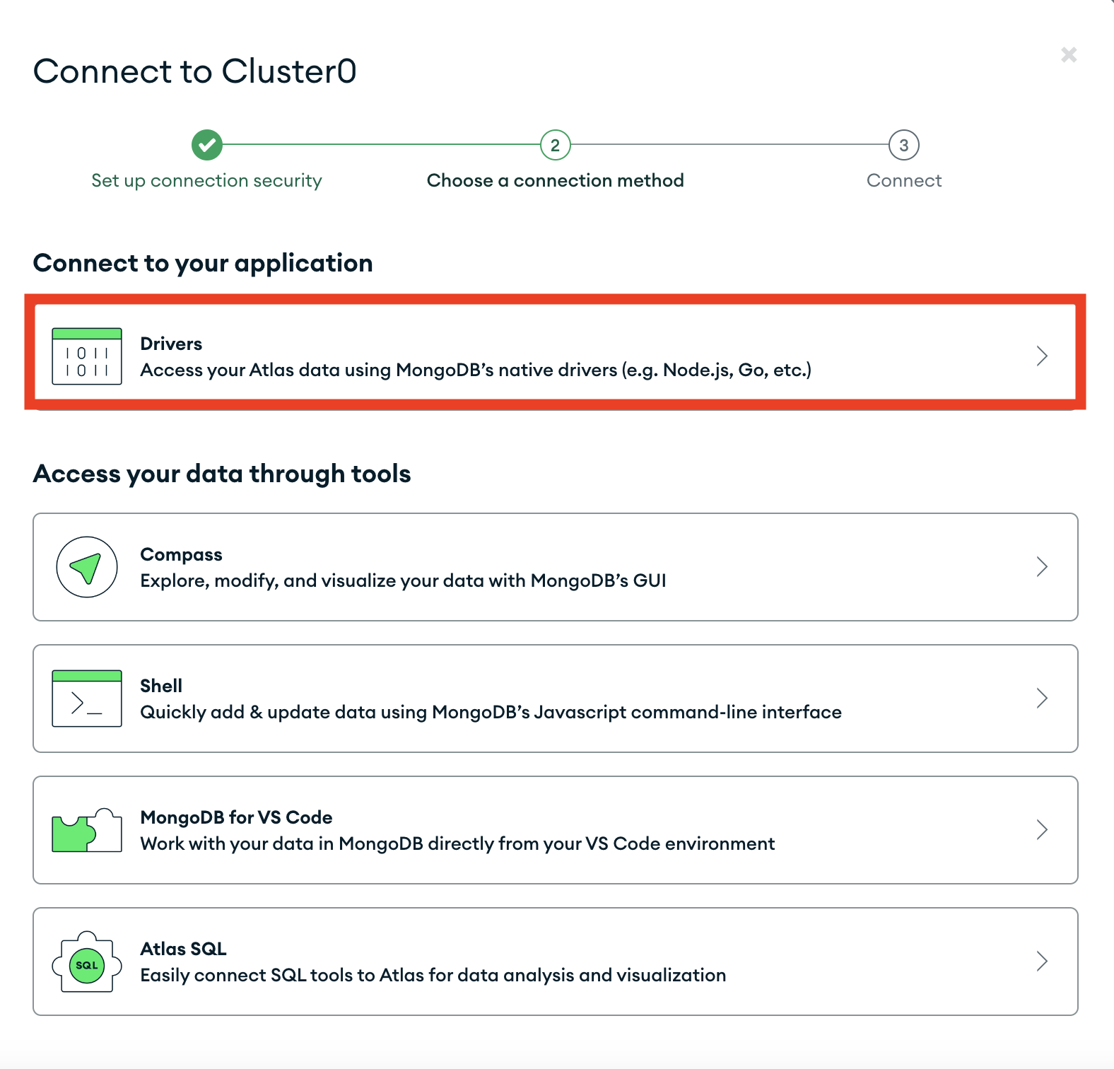 Screenshot showing the MongoDB Atlas drivers section for connecting to the database.