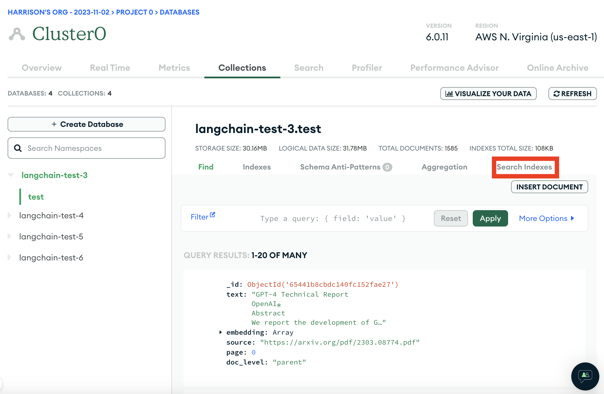 Screenshot showing the search indexes section in MongoDB Atlas for a specific collection.