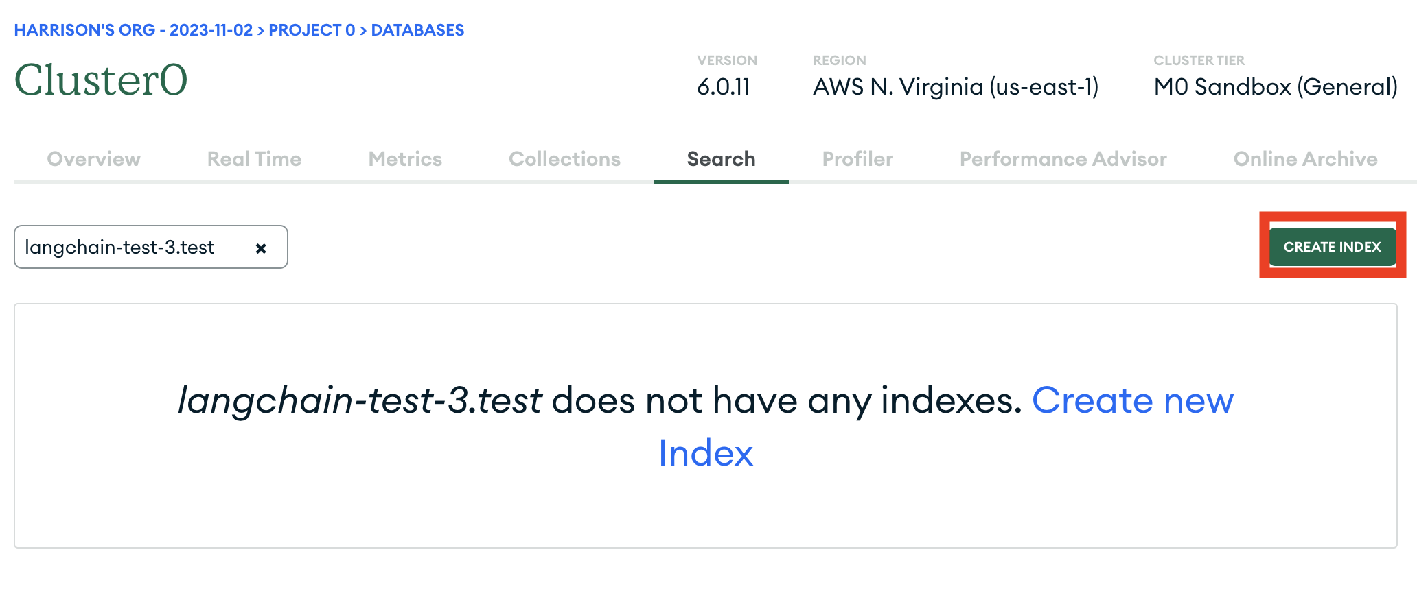 Screenshot highlighting the 'Create Index' button in MongoDB Atlas.