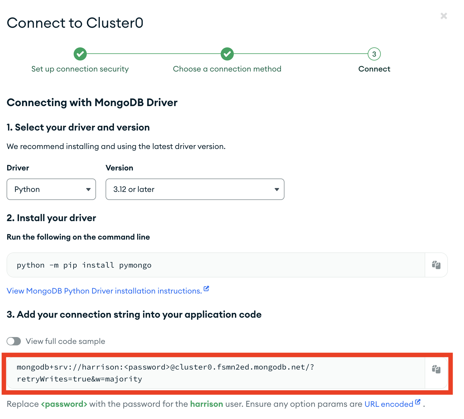 Screenshot displaying an example of a MongoDB URI in the connection instructions.