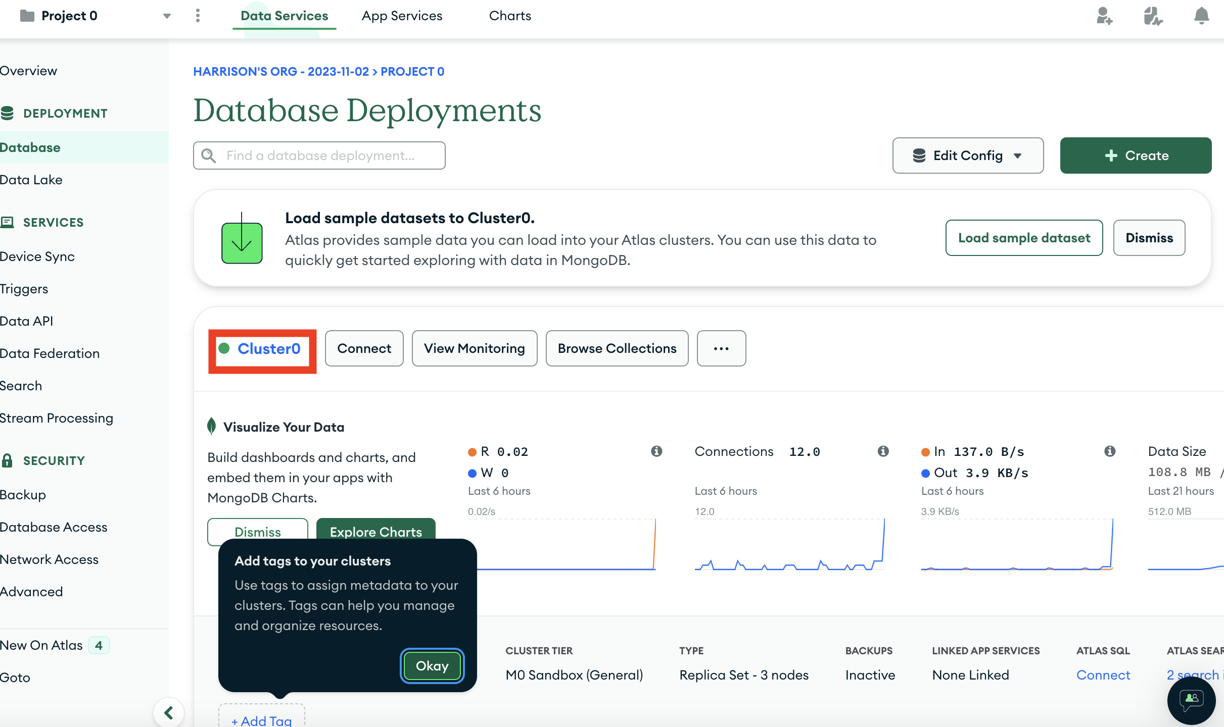 Screenshot of the MongoDB Atlas interface showing the cluster overview with a 'Connect' button.