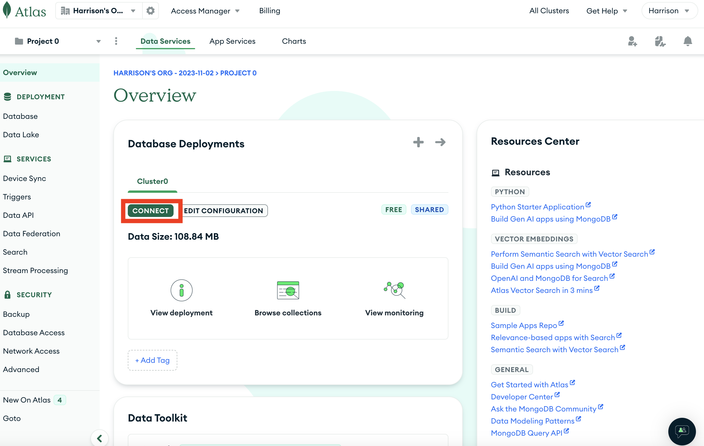 Screenshot highlighting the 'Connect' button in MongoDB Atlas.