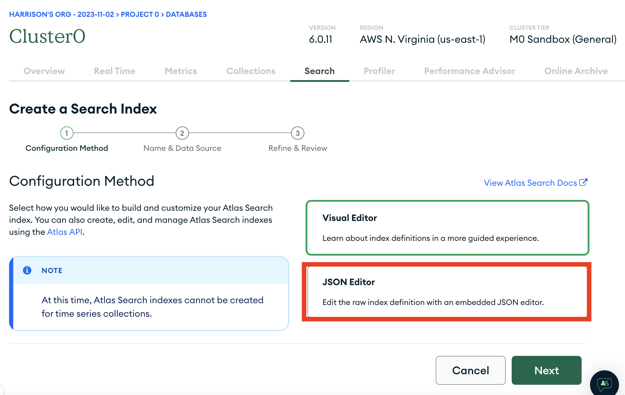 Screenshot showing the JSON Editor option for creating a search index in MongoDB Atlas.