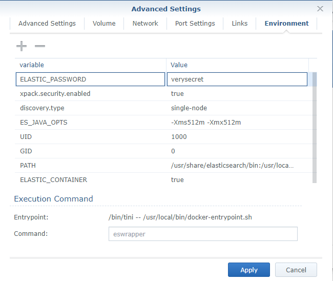 Synology - ElasticSearch Environment Configurations